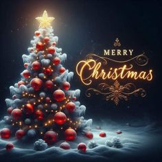 a merry christmas tree with red balls and lights on it in front of a dark background