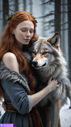 a woman with red hair holding a wolf in her arms and looking at the camera