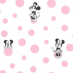 mickey and minnie mouse wallpaper with pink polka dots on the bottom, and white background