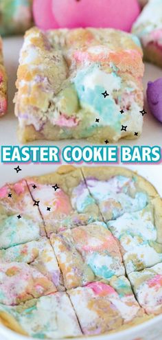 easter cookie bars with marshmallows and sprinkles on them are ready to be eaten