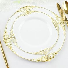 White Gold Vintage Plastic Dessert Plates Introducing our decorative Disposable Plastic Plates! Made from high-quality food grade plastic material, they are sturdy and durable, yet still lightweight and easy to handle. But what really sets them apart is the elegant design and intricate metallic detailing. White Gold Leaf Embossed Baroque Party Plates White Gold Leaf Embossed Baroque Party Plates If you're looking for some elegant and affordable disposable tableware for your next big event, then White And Gold Plates, Baroque Party, Moms 60th, Plastic Party Plates, Disposable Plastic Plates, Plates White, Gold Baroque, Wedding Plates, Dessert Salads