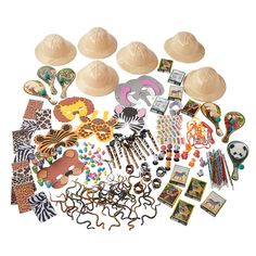 a bunch of assorted items including hard hats, beads and bracelets on a white background