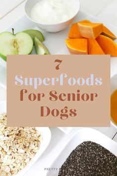 various foods are shown with the words superfoods for senior dogs