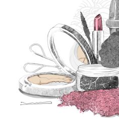 an illustration of cosmetics and makeup brushes on a white background with pink glittery powder