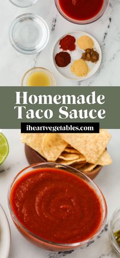 homemade taco sauce in bowls with tortilla chips and limes on the side