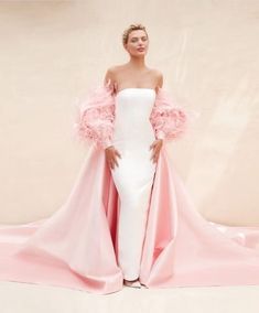 Wedding Cape Pink Satin Feather Elegant Puff   Half Sleeve Cape Jacket Floor Length Cape  Bridal Nicole And Felicia, Nicole Felicia, Silk Bridal Robe, Minimalist Gown, Pink Evening Dress, Wedding Cape, Bridal Wrap, Cape Jacket, Luxury Bridal