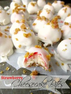 strawberry cheesecake bites are on a baking sheet