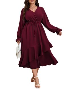 PRICES MAY VARY. FEATURES: Plus Size Maxi Dresses / Long Sleeve Dress / Plus Size Dresses for Curvy Women/ Cross V Neck Dress / High Waist / Self Tie Belt / High Low Dress / Flowy A-Line Dress / Semi Formal Dress / Plus Size Cocktail Dress / Plus Size Wedding Guest Dress/ For Spring, Summer, Fall. This Plus Size Wrap Dress, Made Of 100% Polyester, Provides You Great Breezy Feeling And Contributes a Large Portion Of Comfort. And It Is Wonderfully Regular Fit Without Restricting Your Movement DESI Tiered Chiffon Dresses For Fall, Chiffon Tiered Dresses For Fall, Tiered Chiffon Fall Dresses, Fall Wedding Dress With Ruffles, Fall Wedding Midi Dress With Ruffles, Plus Size Fall Wedding Guest Outfit, Semi Formal Dress Plus Size, Plus Size Flowy Dress, Dress Plus Size Wedding Guest