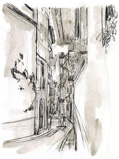 an ink drawing of a narrow city street