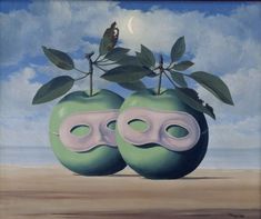 two green apples with masks sitting on top of each other in front of a blue sky