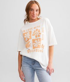 Billabong In Love With The Sun Oversized T-Shirt - Cream Medium, Women's Saltcrystal Distressed graphic t-shirt Bust measures 47 on size small Body length 27 1/2 on size small. 100% Cotton. Machine wash cold with like colors. Do not bleach. Tumble dry low. Cool iron if needed. Do not dry clean.. Measurements: Bust -Fullest part of bust with arms at sides. Waist -Circumference of natural waist: above belly button below rib cage. Hips -Standing with feet together fullest part of hips. WOMEN'S TOP Salt Crystal, Linen Loungewear, Cashmere Coat, Rib Cage, Love T Shirt, Oversized T Shirt, 2 On, Belly Button, Jumpers And Cardigans