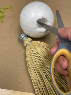 someone is using scissors to cut the ends of a straw ball and whisk