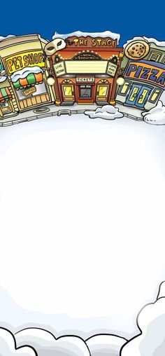 an image of a cartoon town in the sky with snow on it's ground