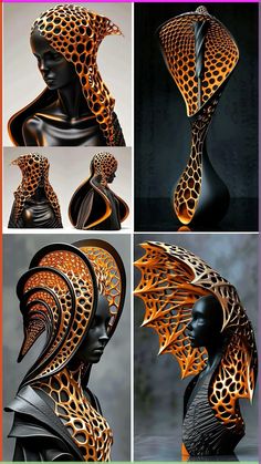 four different views of the head and body of a woman with intricate patterns on it