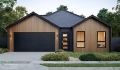 a black and brown house with two garages