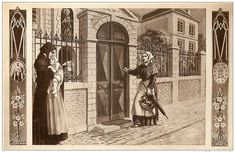 an old drawing of two women standing in front of a door talking to each other