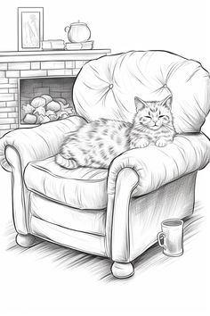 A detailed line drawing of a fluffy cat comfortably lounging on an armchair with a fireplace and decor in the background. Draw A Sleeping Cat, Armchair Drawing, Cat Resting, Sleeping Pose, Sleeping Drawing, Parchment Cards, Chibi Cat, Cozy Cat, Cat Drawings