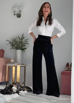 Velvet Pants Work Outfit, How To Style Velvet Flare Pants, How To Style Wide Leg Velvet Pants, Black Velvet Outfits For Women, Blue Velvet Pants Outfit Winter, Velvet Trousers Outfit Party, Black Velvet Bell Bottoms Outfit, Velvet Pants Holiday Outfit