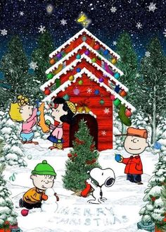 a christmas scene with charlie brown and his family in front of a red house covered in snow