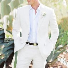 Blue Men's Wedding Linen Suits Summer Beach Wedding Suits 2 Piece Solid Colored Tailored Fit Single Breasted One-buttons 2024 2024 - $98.99 Linen Wedding Suit