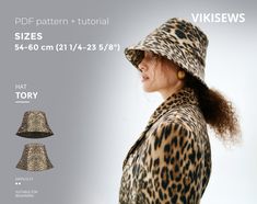 a woman wearing a leopard print coat and hat with the text, sizes 6 - 60 cm