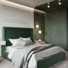 a bedroom with green headboard and white bedding in the corner, along with two nightstands on either side