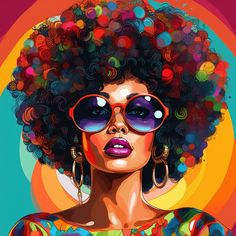 an image of a woman with afro hair and sunglasses in front of a colorful background