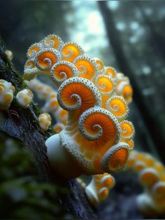 an orange and white mushroom grows on a tree branch