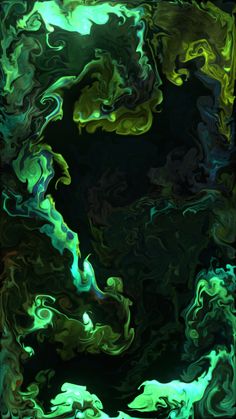 an abstract painting with green and black colors