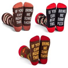 PRICES MAY VARY. VARIETY PACK: Includes Bring Me Taco socks, Bring Me Bacon socks & Bring Me Pizza socks (3 pairs total) THE PERFECT GIFT IDEA: For Birthdays, Valentine's Day, Christmas, Mother's Day, Father's Day and more ONE SIZE FITS MOST: Fits most men US size 6-13 feet and women US size 7 and up SUPERIOR QUALITY: Enjoy many wears and washes without fading or losing luxurious feel LUXURIOUS COMFORT: Made from a comfortable cotton blend that stretches to fit most adults This variety pack of n Bacon Taco, White Elephant Christmas, Pizza Socks, Novelty Gifts For Men, Elephant Christmas, Taco Lover, Chefs Hat, Funny Socks, Christmas Gifts For Men