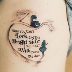 a woman with a tattoo on her stomach saying, when you can't look on the bright side i will sit within you