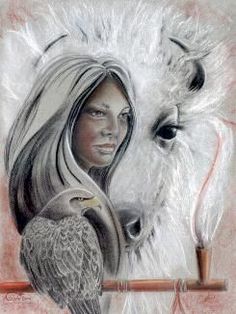 a drawing of a woman with long hair and a bird on her shoulder, standing next to a white horse