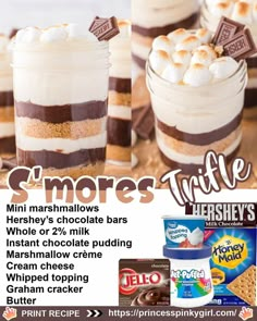 an advertisement for s'mores trifle desserts