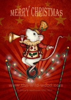 a merry christmas card with a mouse on top of a pole and lights in the background