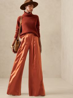 #Wide Leg Jeans# Orange Pants Outfit, Palazzo Pants Outfit, True Autumn, Wide Leg Pants Outfit, Silk Pant, Orange Pants, Satin Pants, Ultra Wide, Silk Pants