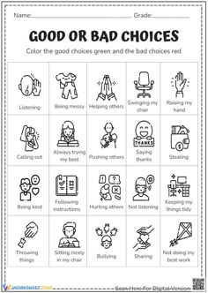 the good or bad choices worksheet is shown in black and white, with different symbols