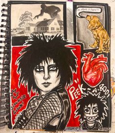 a drawing of a girl with black hair and tattoos on her face, surrounded by other drawings