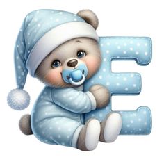 a teddy bear with a pacifier in its mouth sitting next to the letter e