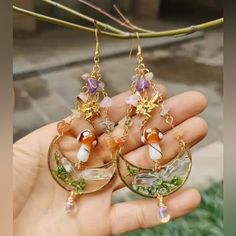 New! Glass And Resin Mushroom Crystal And Fairy Teardrop Botanical Earrings Earrings Cottagecore, Cottagecore Jewelry, Reality Shifting, Festival Mode, Golden Moon, Mushroom Jewelry, Boho Styl, Estilo Hippy, Mushroom Fairy