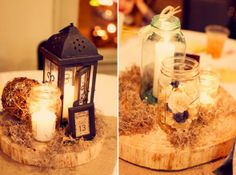 two pictures of mason jars with candles in them and hay on the table next to each other