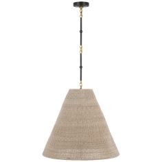 a light fixture with a beige shade hanging from it's side, on a white background