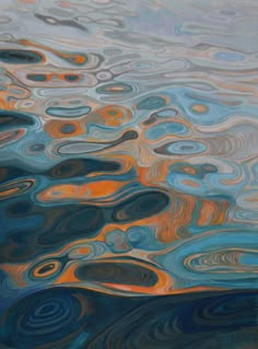 an abstract painting with blue, orange and yellow colors on it's water surface