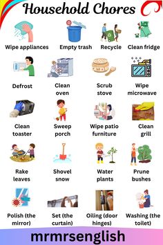 a poster with words describing different types of household choress and how to use them