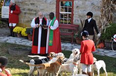 some people and dogs are standing in the grass with one person wearing an orange coat