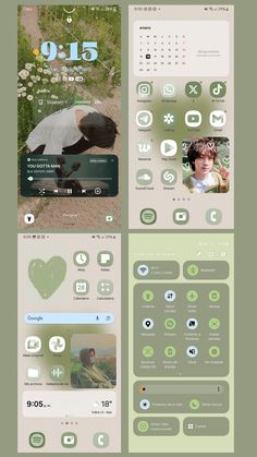 the green and white app is displayed in three different screens, one with an image of a