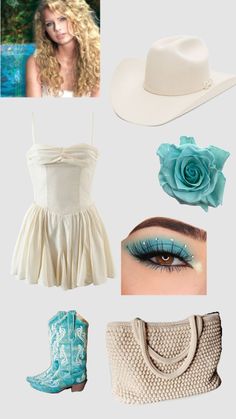 a collage of different outfits and accessories including a cowboy hat, white dress, blue eyeshade, turquoise flower