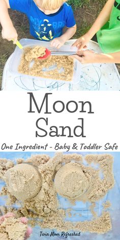 two children are making sand with spoons in front of them and the words moon sand on