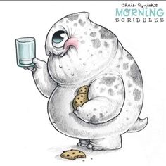 an elephant holding a glass and cookies in it's paws with the caption mopping scribbles