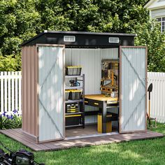 This outdoor storage shed with pitched roof will provide you with plenty of storage space. It is designed with traditional construction and has a built-in fan for improved air circulation. Every inch of space can be utilized to create a practical and aesthetically pleasing space for you. This shed is weather resistant, so whether it's exposed to wind, rain or scorching sun, it will provide a safe haven for your tools and equipment. You can install it in your yard, backyard and some parks to store lawn mowers, power tools, bicycles and other extras. JolyDale | JolyDale 6.0 Ft. W X 4.5 Ft. D Metal Storage Shed in Brown | 6' 1" W X 4' 5 3 / 10" D X 6' 1 / 5" H | Wayfair Outdoor Storage Ideas, Shed Workshop, Carport Sheds, Outdoor Organization, Storage Shed Organization, Lean To, Lean To Shed, Scorching Sun, Outdoor Storage Shed