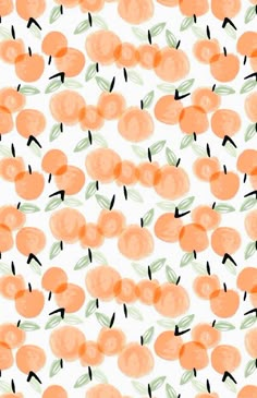 an orange and white background with black dots on the bottom half of each peaches